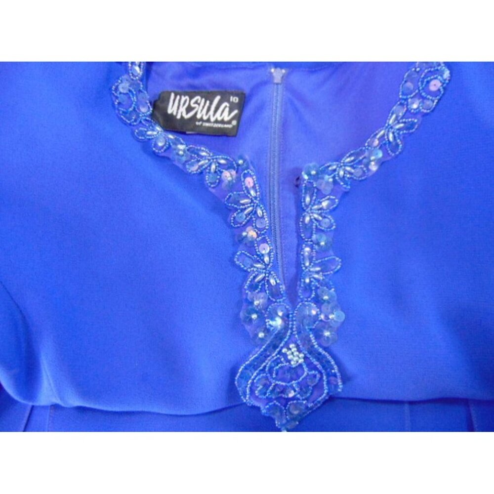 Ursula Switzerland Purple Sequin Dress 10 Fitted L/S Beaded Scarf Hem MoB Bride - Picture 6 of 9